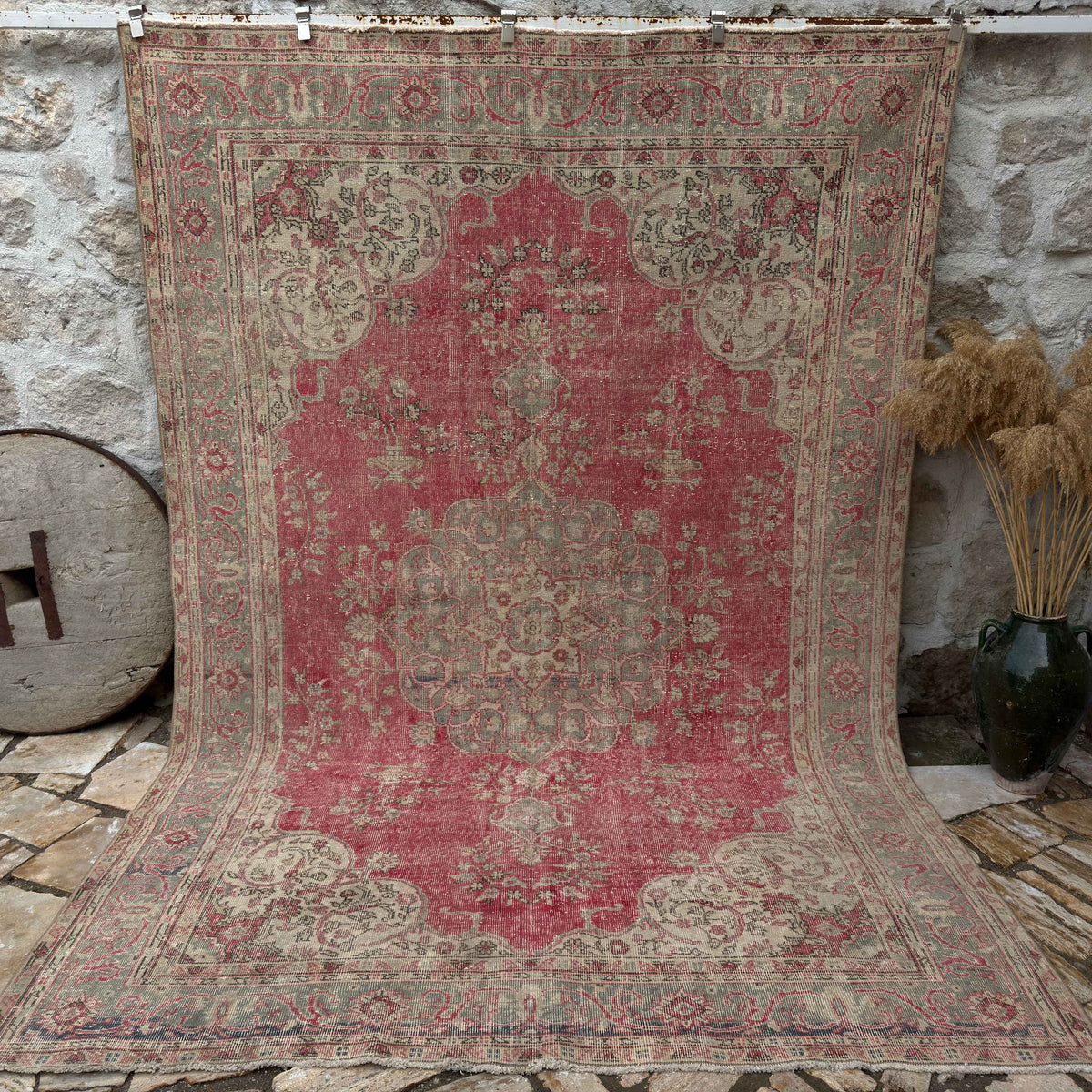 Red 7' x 11' traditional anatolian rug with traditional design, handmade in Turkey – Loki.