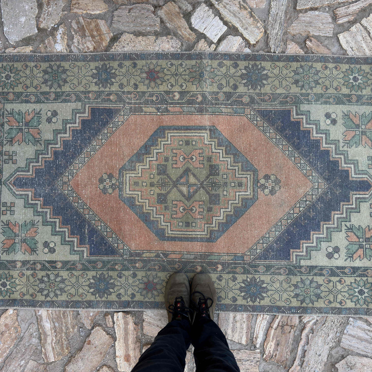 1970s orange Turkish traditional vintage rug with traditional design, hand-knotted weave and low pile.