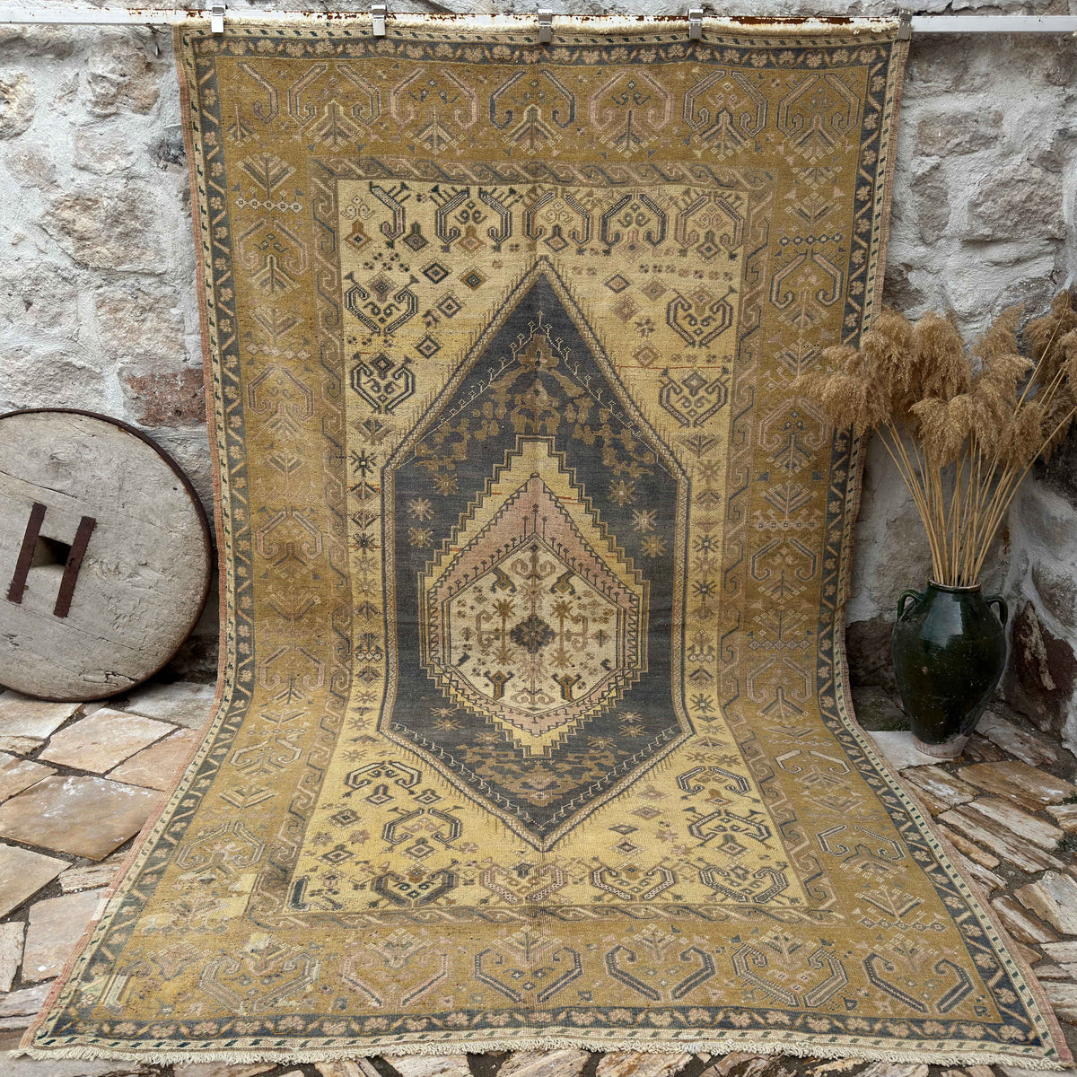 Yellow 7' x 11' traditional wool rug with neutral design, handmade in Turkey – Patti.