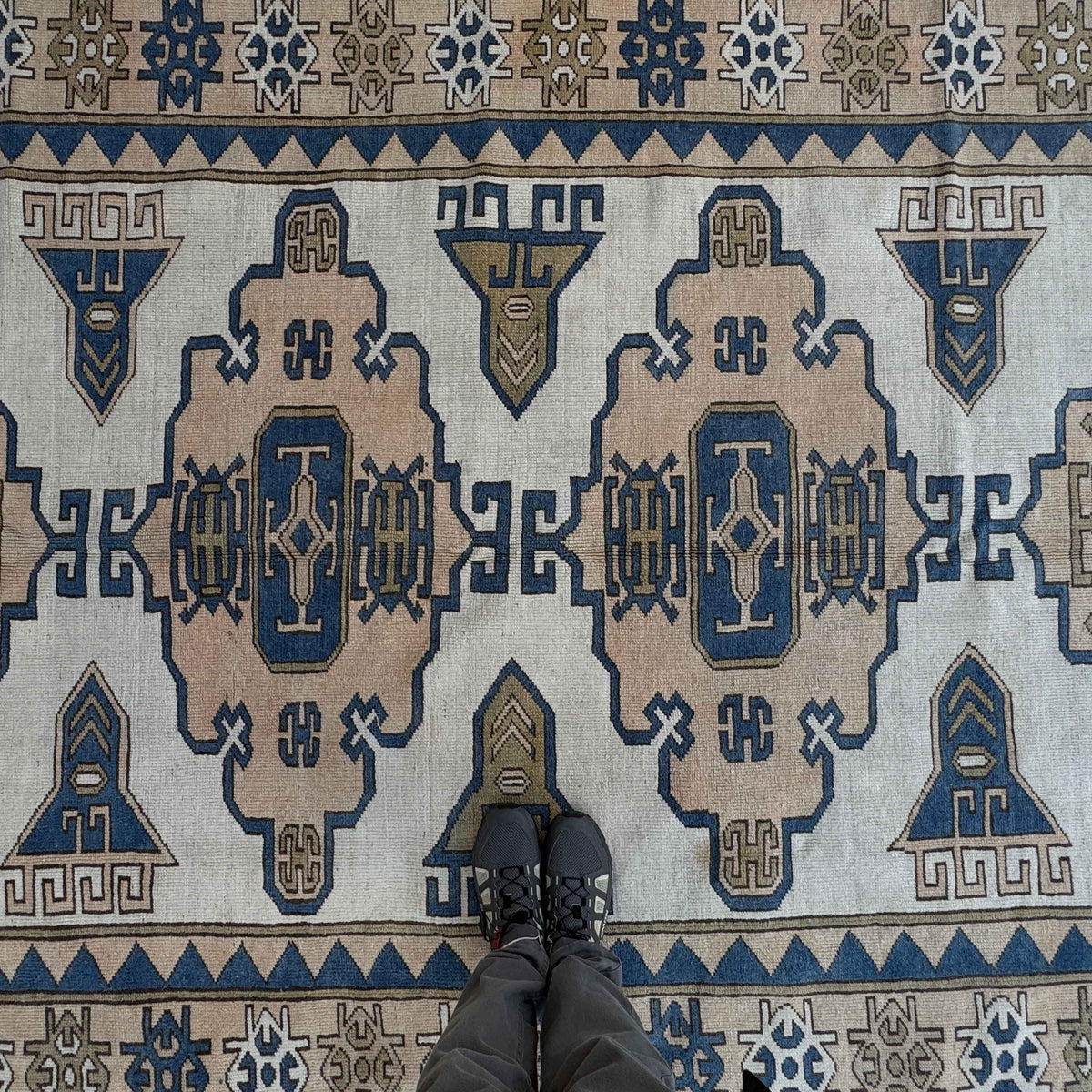 1970s pale blue turkish geometric carpet with traditional design, hand-knotted weave and low pile.