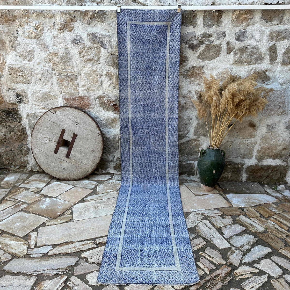 Blue 2' x 12' turkish runner rug with traditional design, handmade in Turkey – Leja.