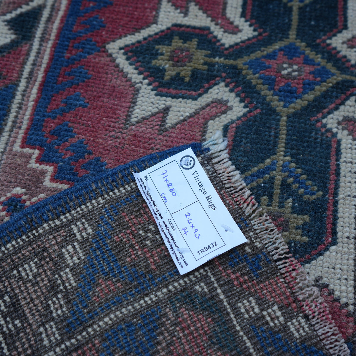 Additional view of the red turkish runner rug, hand-knotted in wool.