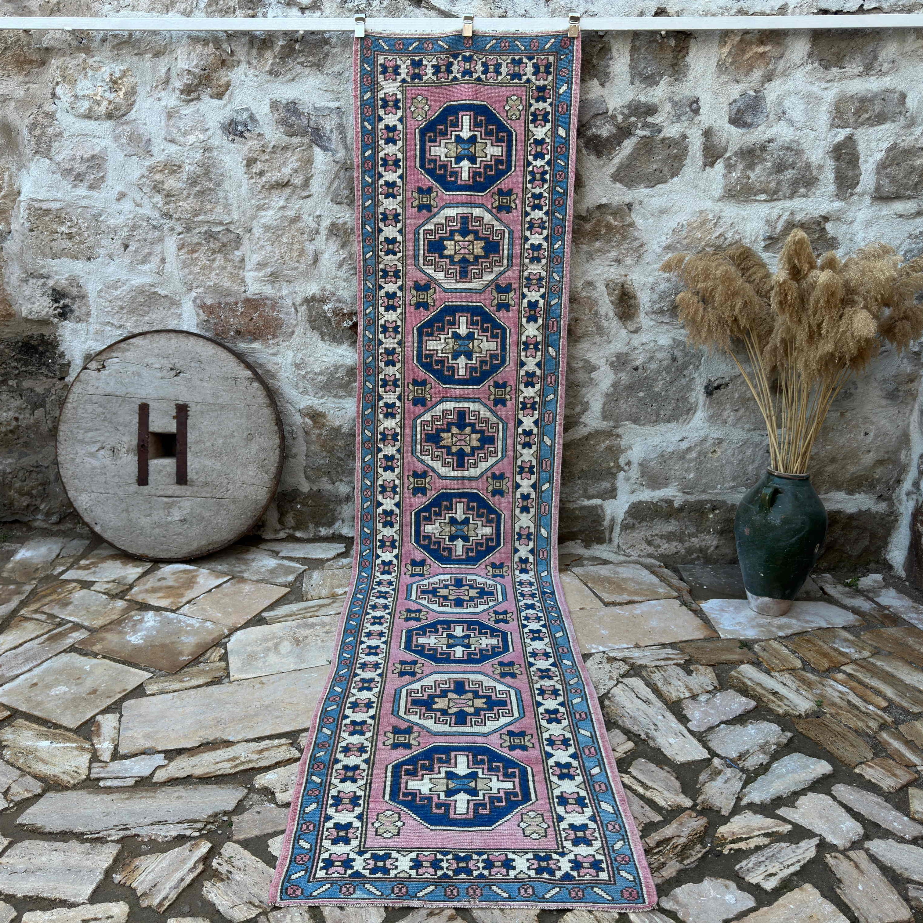Pink 3' x 12' turkish runner rug with traditional design, handmade in Turkey – Ned.