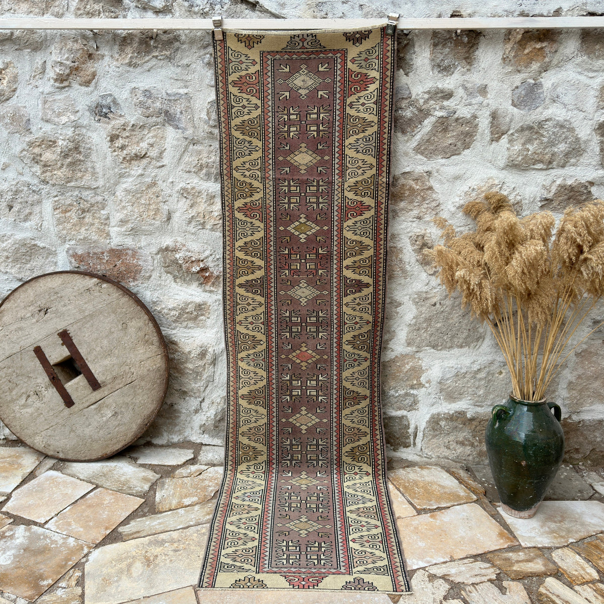 Beige 3' x 9' turkish runner rug with geometric design, handmade in Turkey – Norabel.