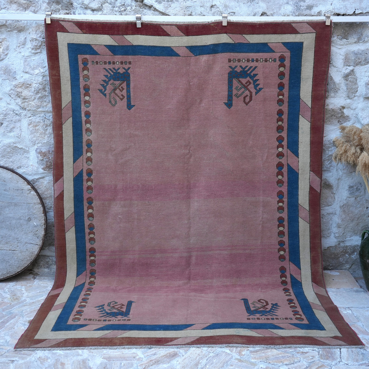 Pink 7' x 9' unique vintage rug with geometric design, handmade in Turkey – Dore.