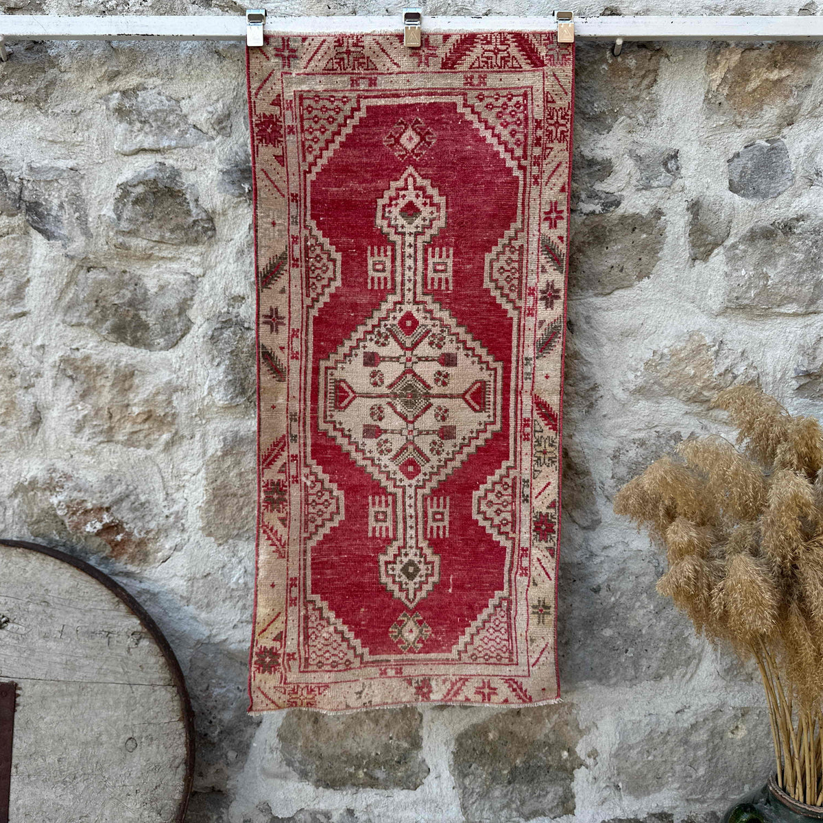 Red 2' x 5' vintage area rug with geometric design, handmade in Turkey – Ricky.