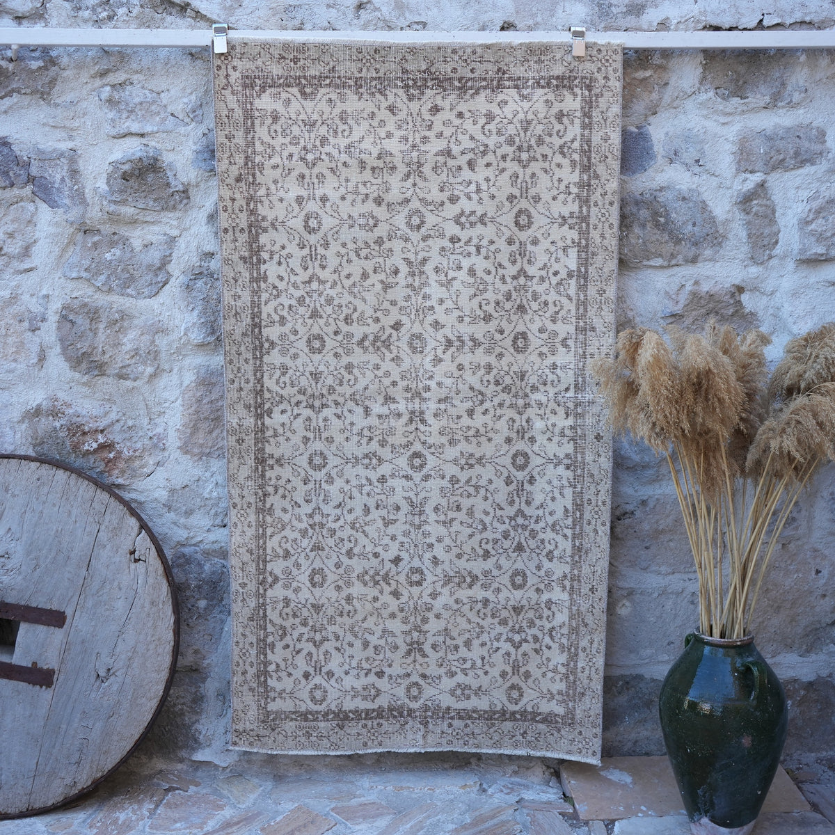 Beige 3' x 6' vintage area rug with traditional design, handmade in Turkey – Luella.