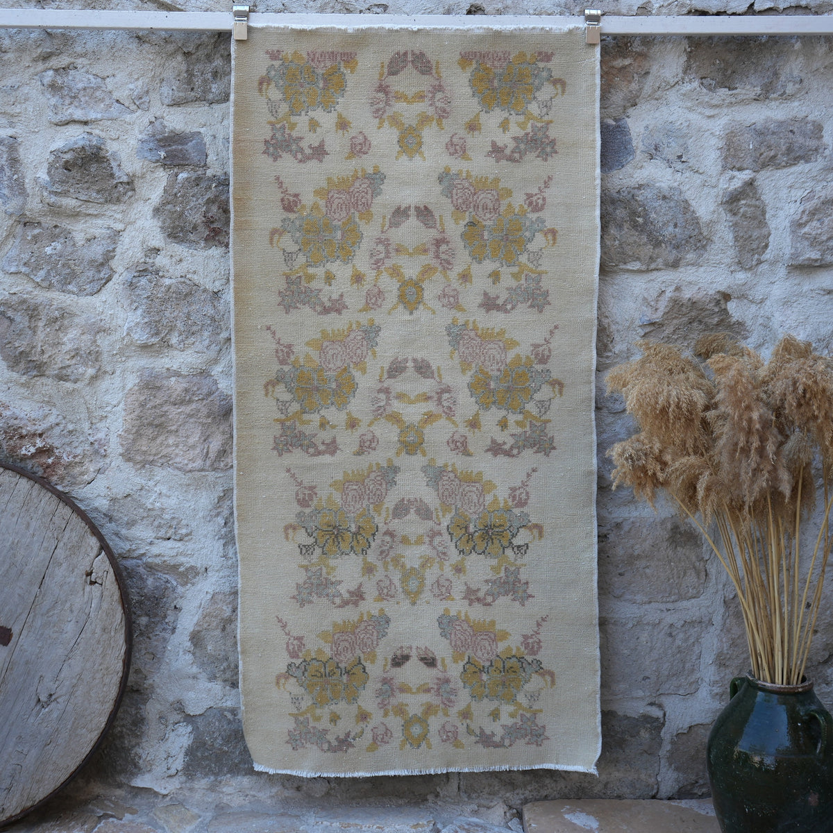 Beige 3' x 6' vintage area rug with traditional design, handmade in Turkey – Roze.