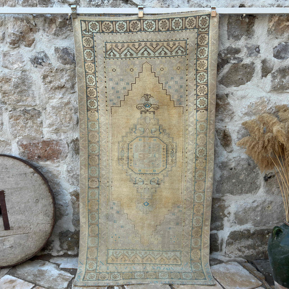 Pale Yellow 4' x 7' vintage area rug with neutral design, handmade in Turkey – Huw.