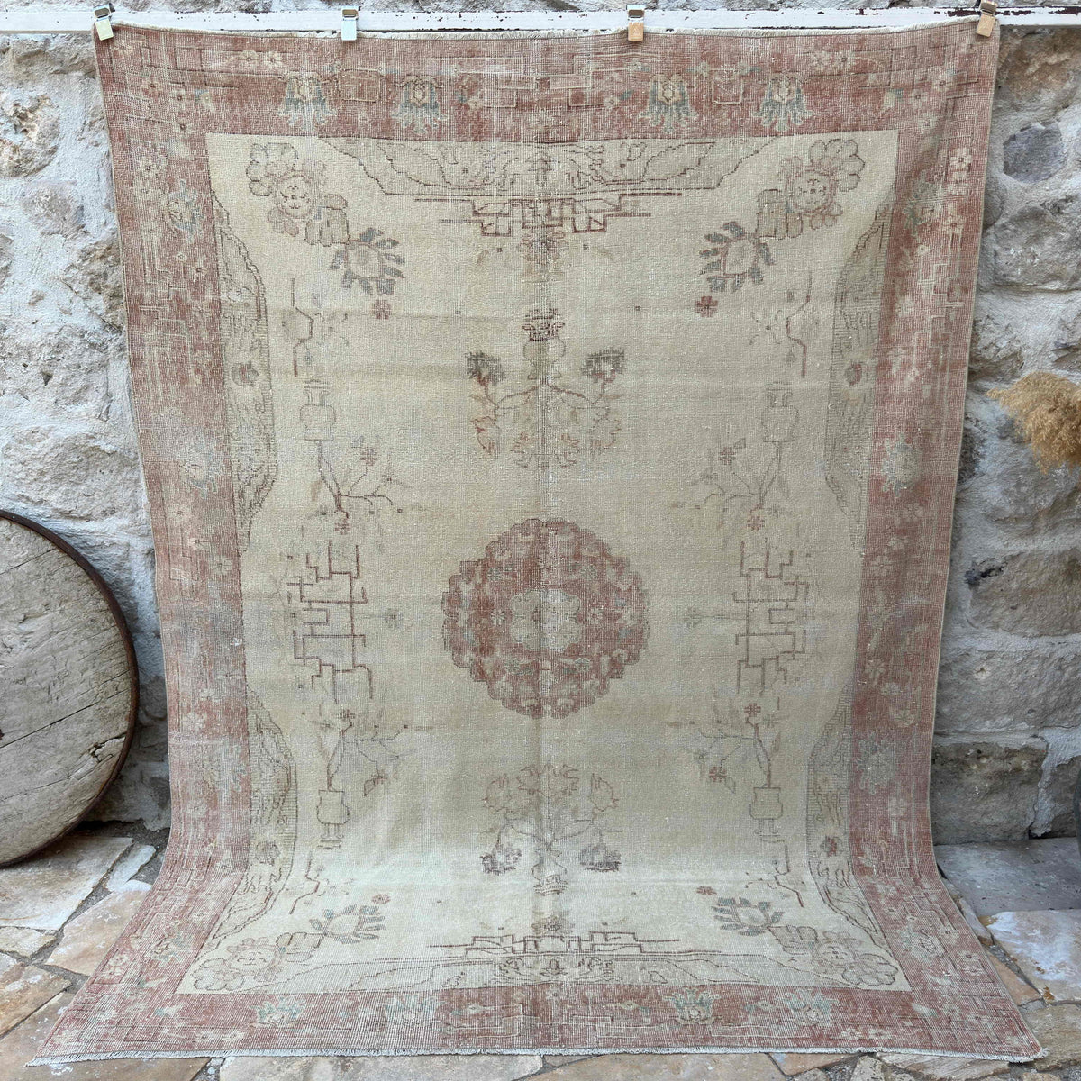 Pale Red 7' x 9' vintage area rug with medallion design, handmade in Turkey – Luna.