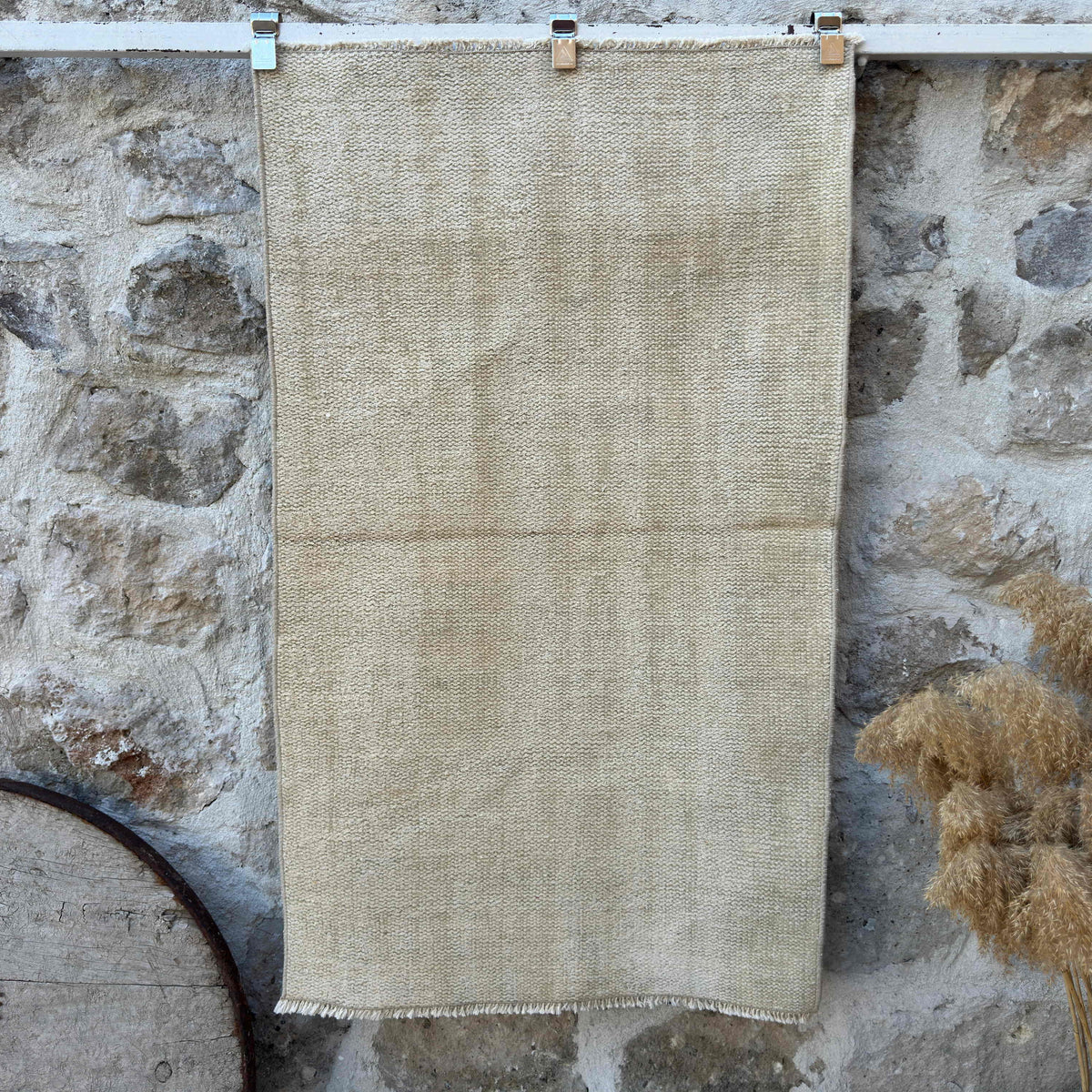 Beige 3' x 5' vintage distressed rug with neutral design, handmade in Turkey – Bruce.