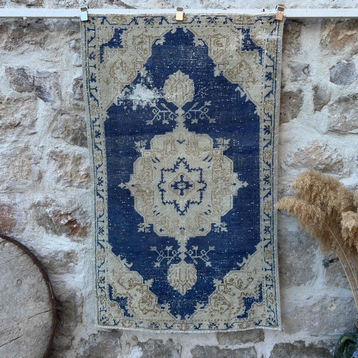 Blue 3' x 5' vintage distressed rug with traditional design, handmade in Turkey – Manahil.