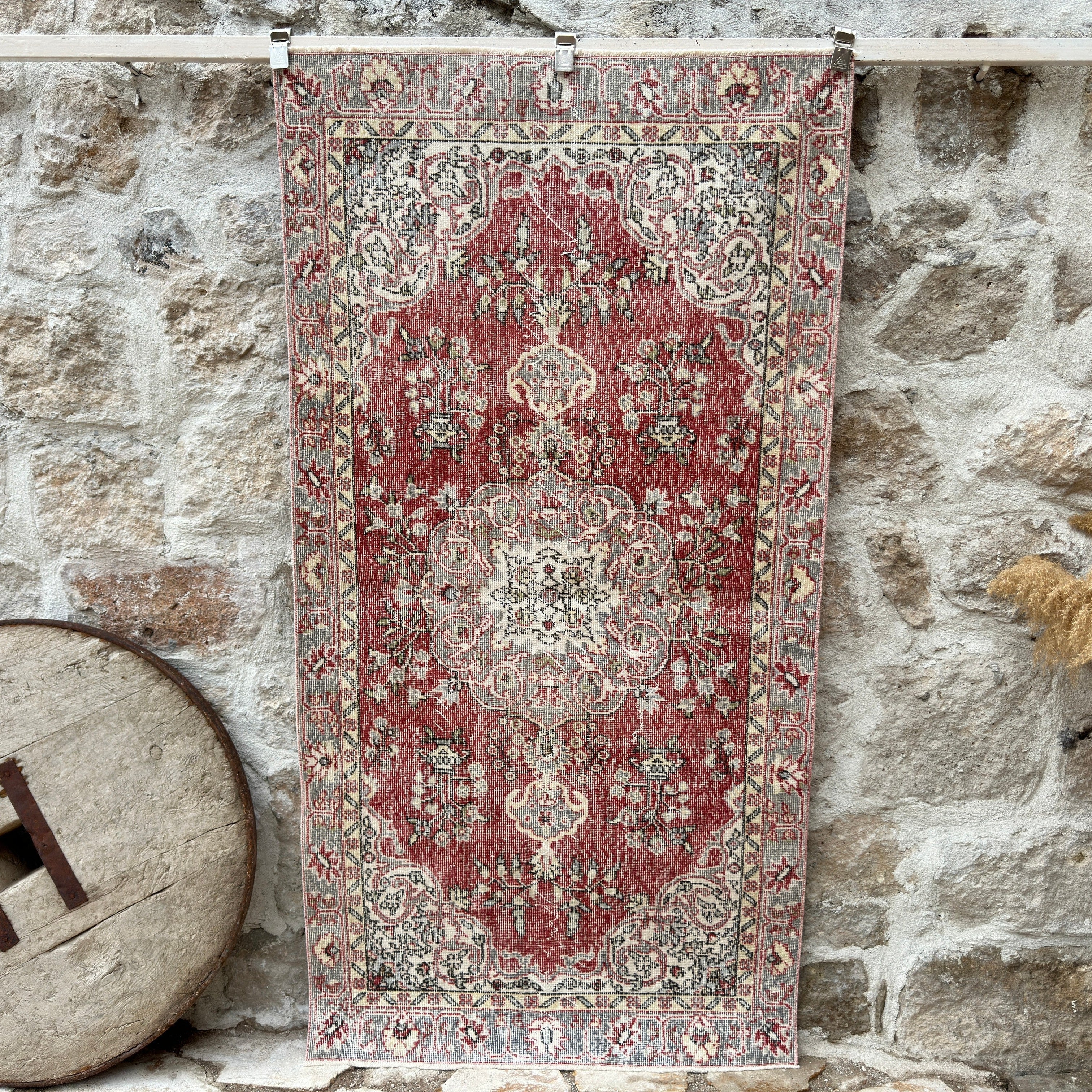 Red 3' x 7' vintage distressed rug with medallion design, handmade in Turkey – Gracie.