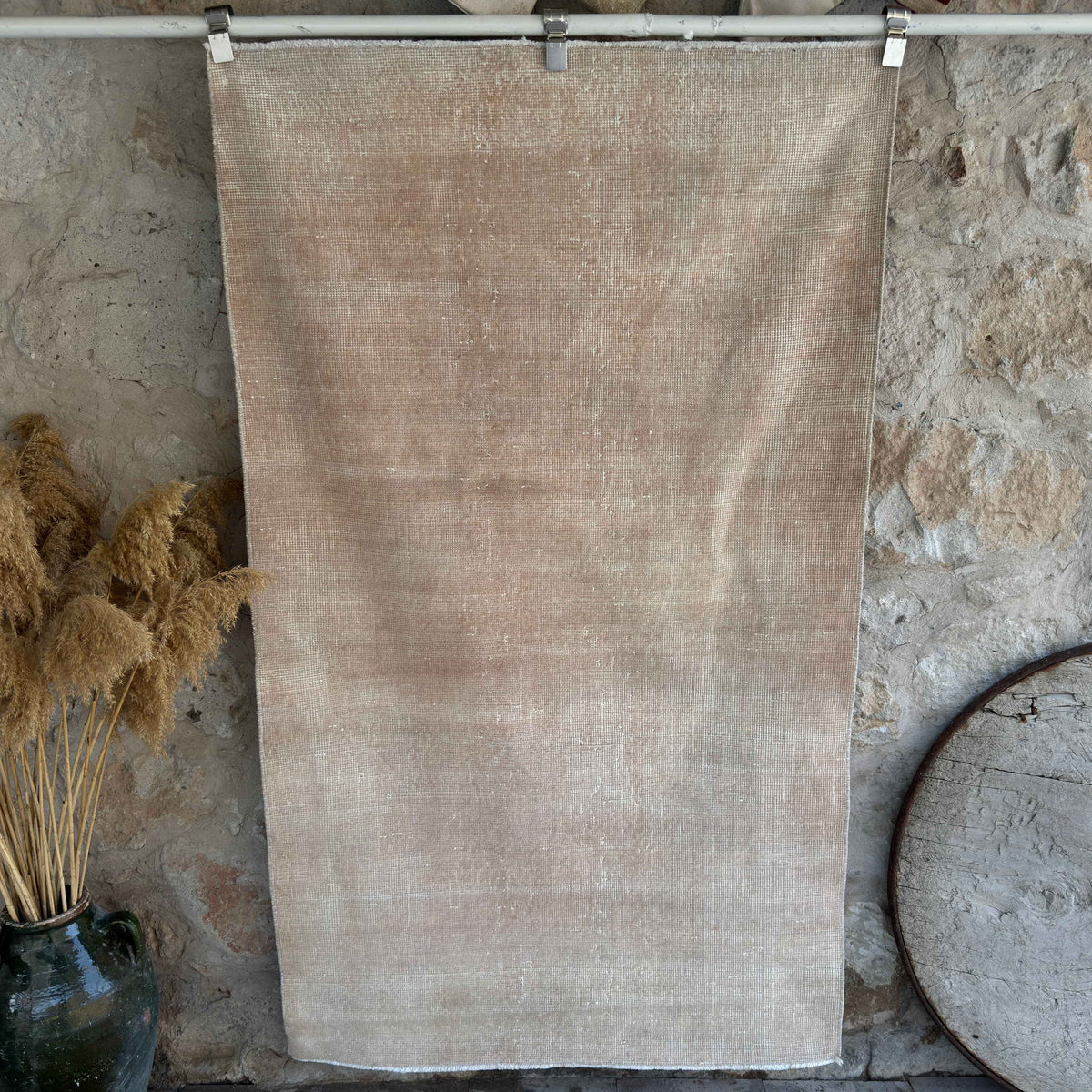 Beige 4' x 6' vintage distressed rug with neutral design, handmade in Turkey – Odin.