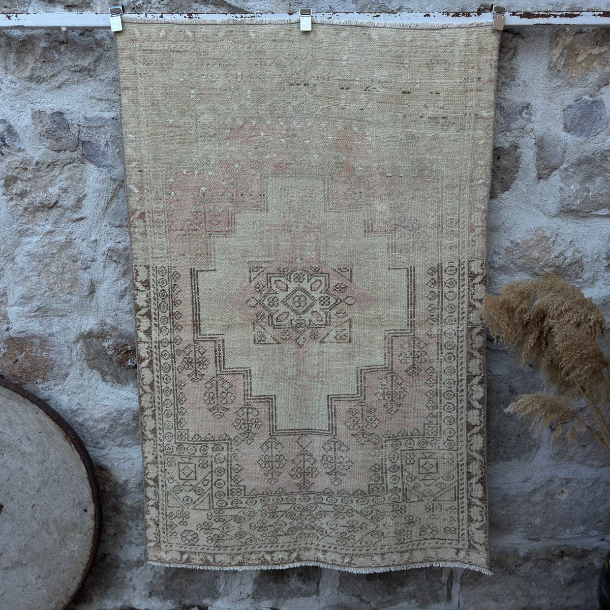 Pale Pink 4' x 6' vintage distressed rug with neutral design, handmade in Turkey – Travis.