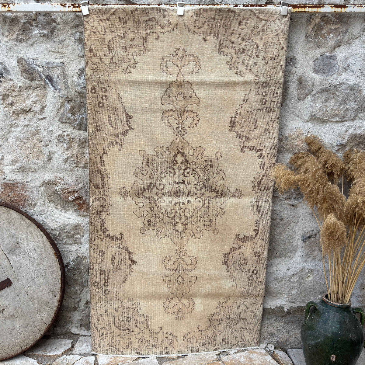 Beige 4' x 7' vintage distressed rug with neutral design, handmade in Turkey – Wally.