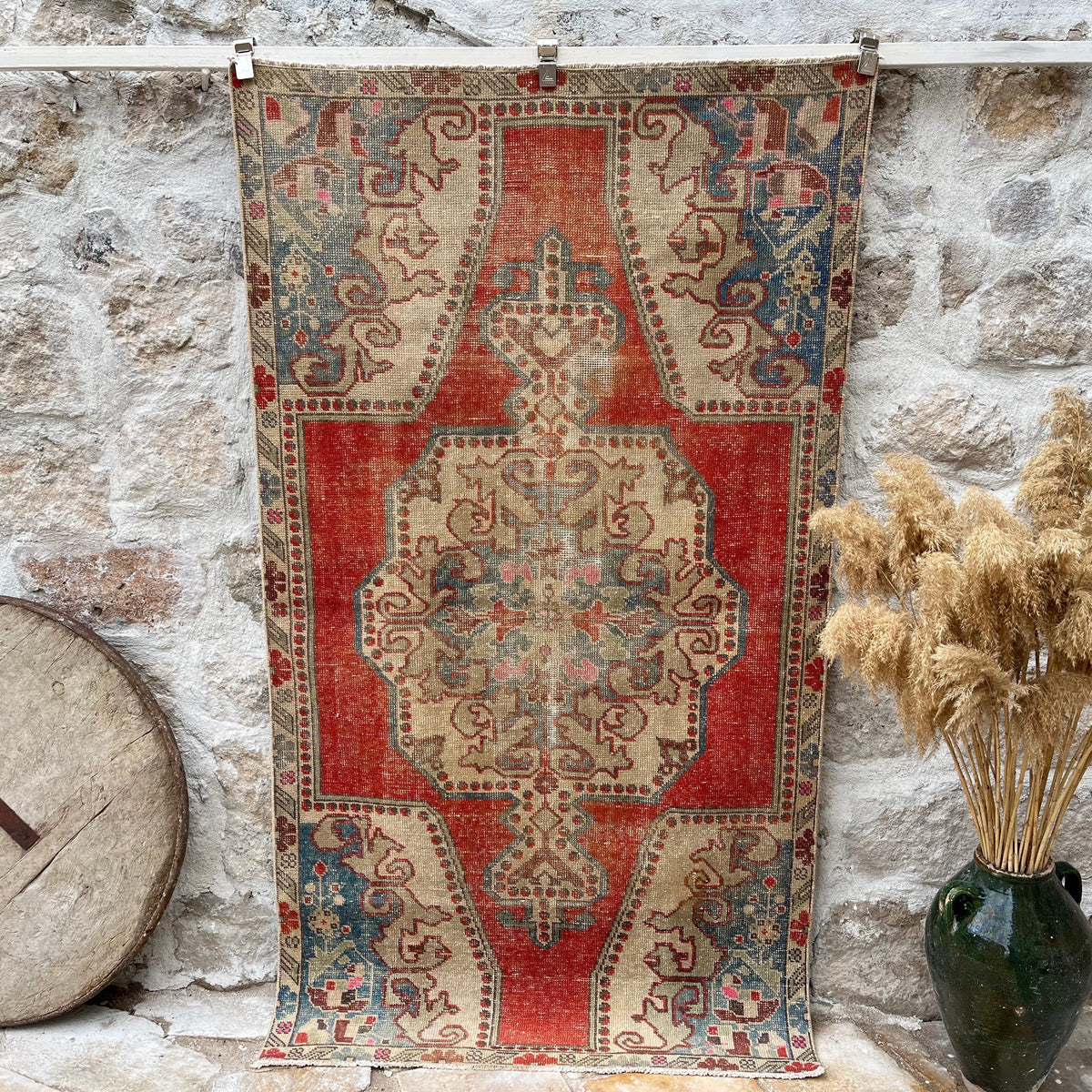 Red 4' x 7' vintage distressed rug with geometric design, handmade in Turkey – Jacobs.