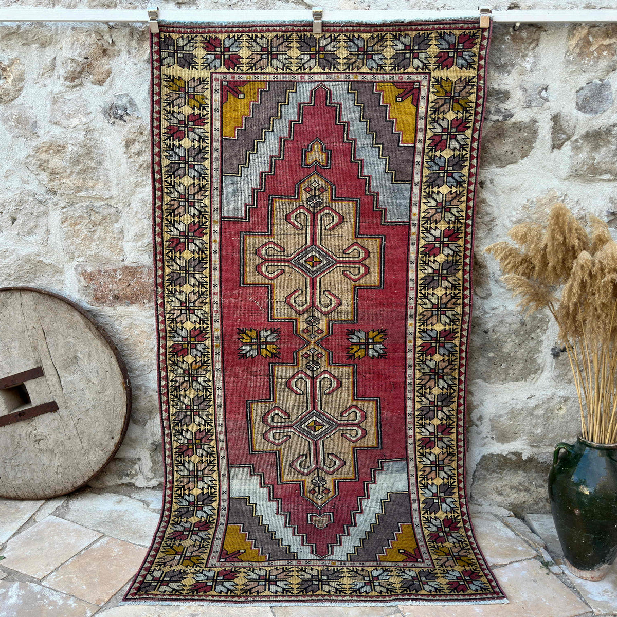 Red 4' x 8' vintage distressed rug with traditional design, handmade in Turkey – Idalina.