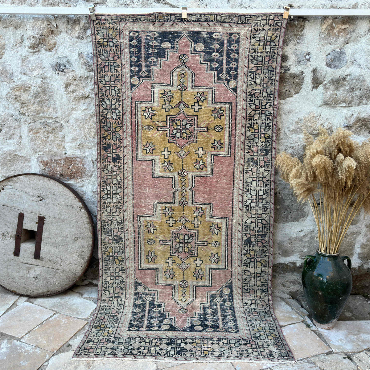 Pink 4' x 9' vintage distressed rug with traditional design, handmade in Turkey – Callahan.
