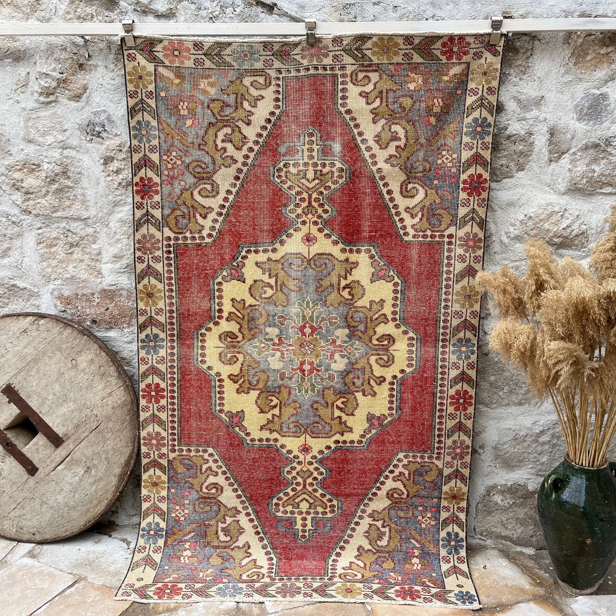 Red 5' x 7' vintage distressed rug with traditional design, handmade in Turkey – Jameson.
