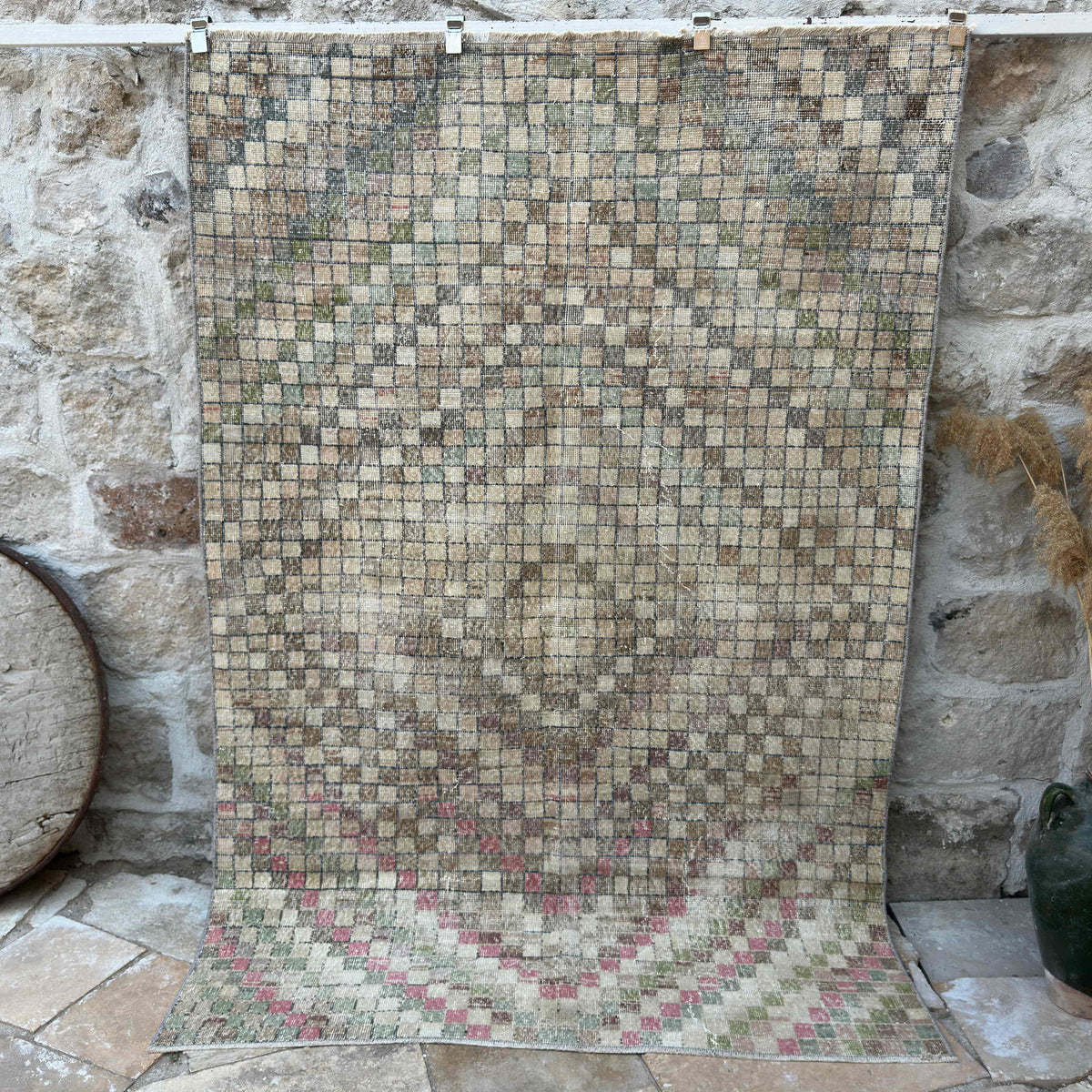 Pink 5' x 8' vintage distressed rug with traditional design, handmade in Turkey – Nathaniel.