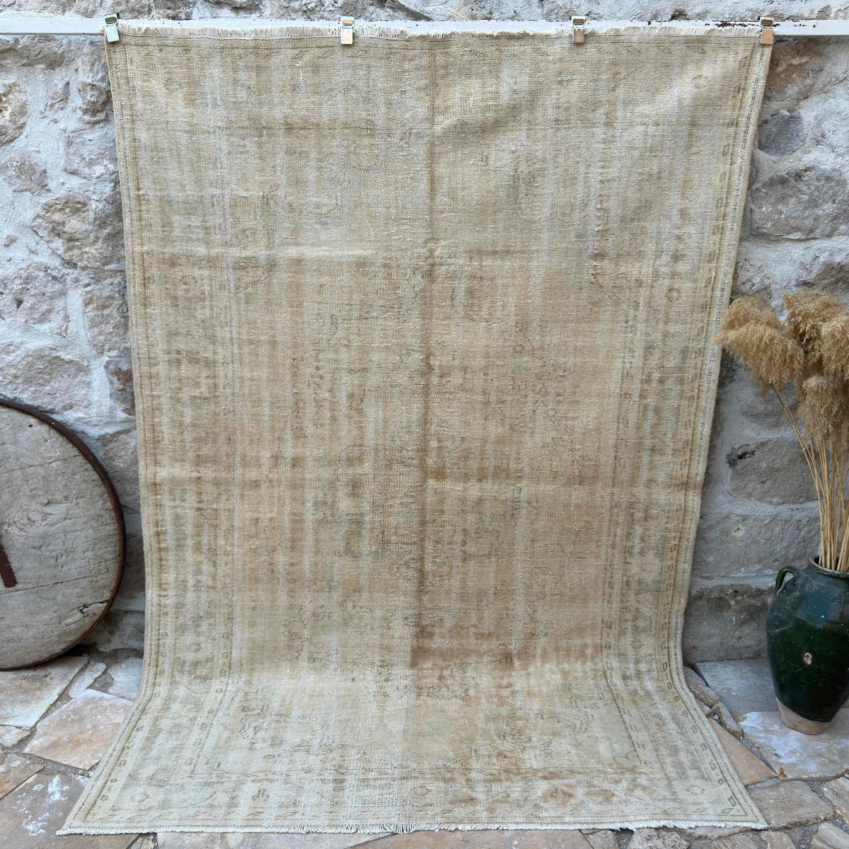 Beige 6' x 9' vintage distressed rug with neutral design, handmade in Turkey – Matthias.