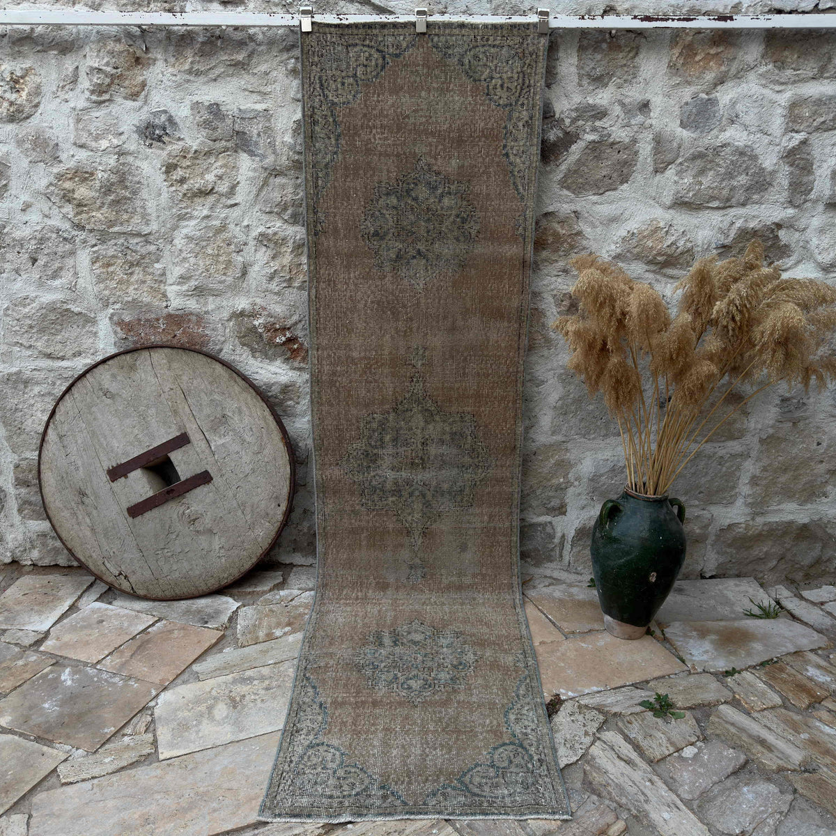 Beige 3' x 10' vintage distressed runner rug with traditional design, handmade in Turkey – Scarlett.