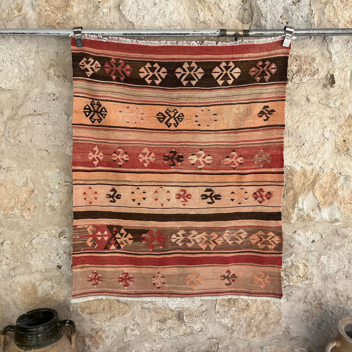 Red 3' x 4' vintage flatweave rug with traditional design, handmade in Turkey – Claudia.