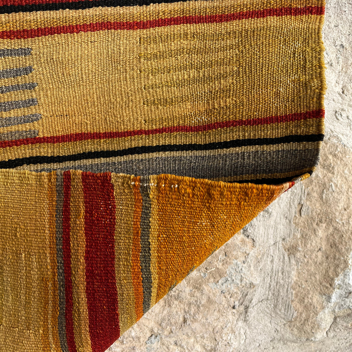1970s yellow vintage Turkish flatweave rug with traditional design, flatweave construction and low pile.