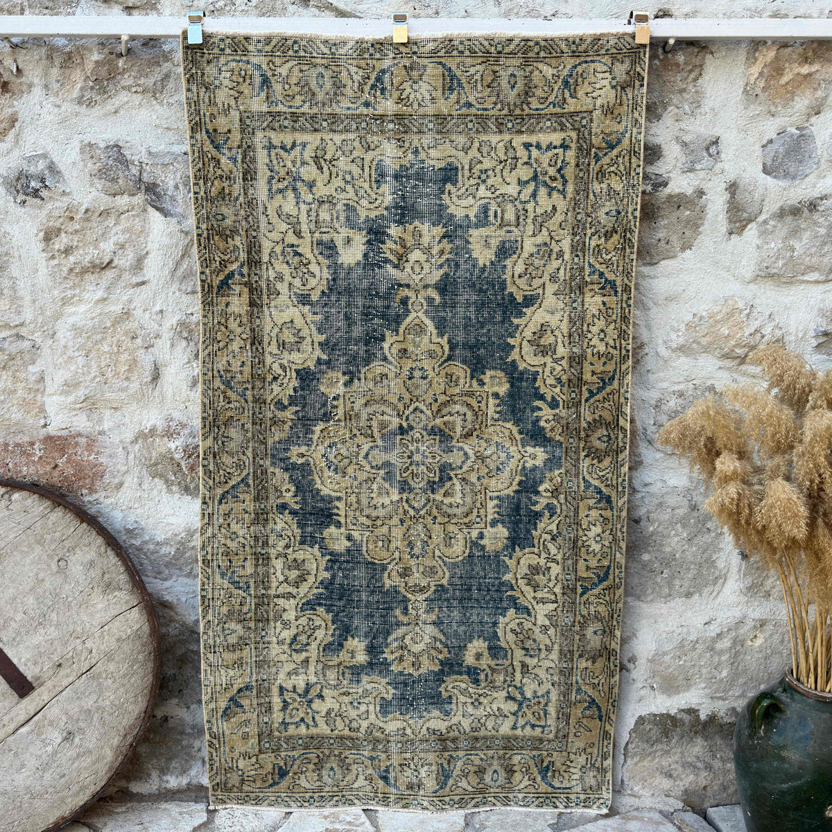 Blue 4' x 6' vintage geometric rug with medallion design, handmade in Turkey – Blakeley.