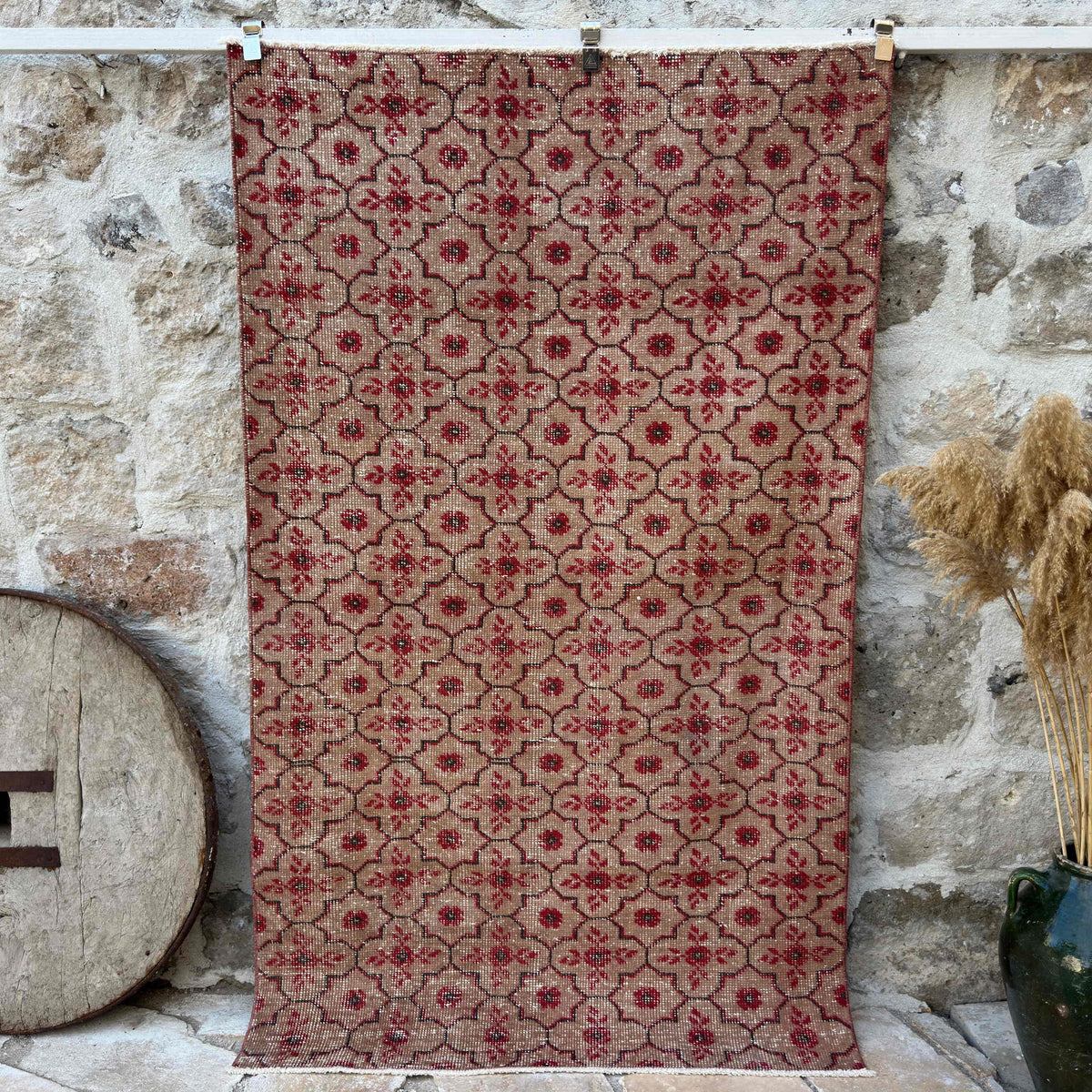 Red 4' x 7' vintage geometric rug with geometric design, handmade in Turkey – Fairchild.