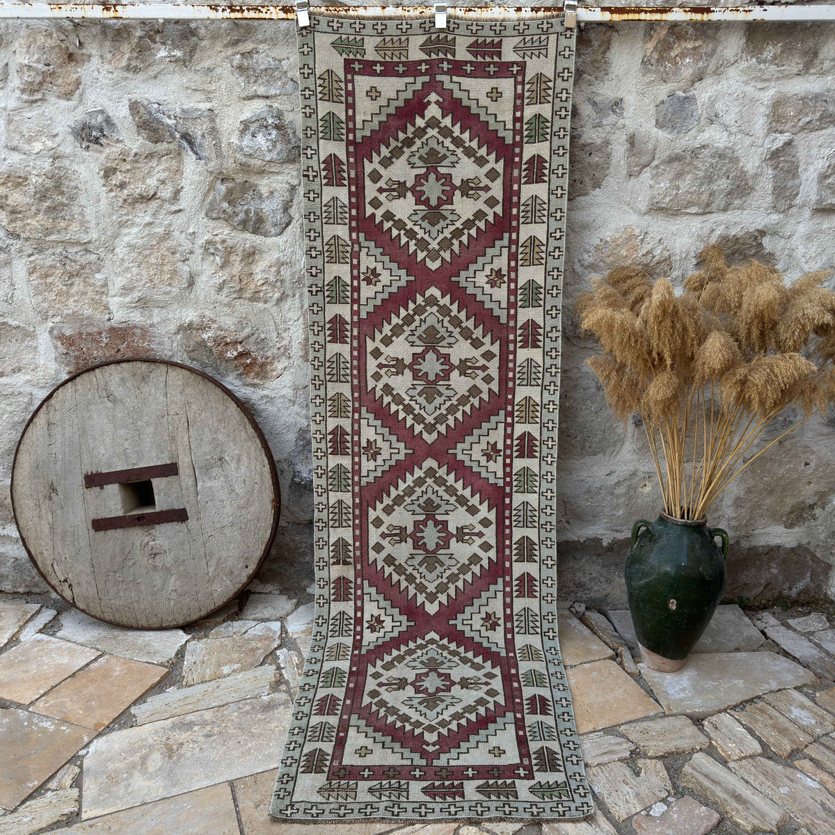 Red 3' x 9' vintage geometric runner rug with neutral design, handmade in Turkey – Paxton.