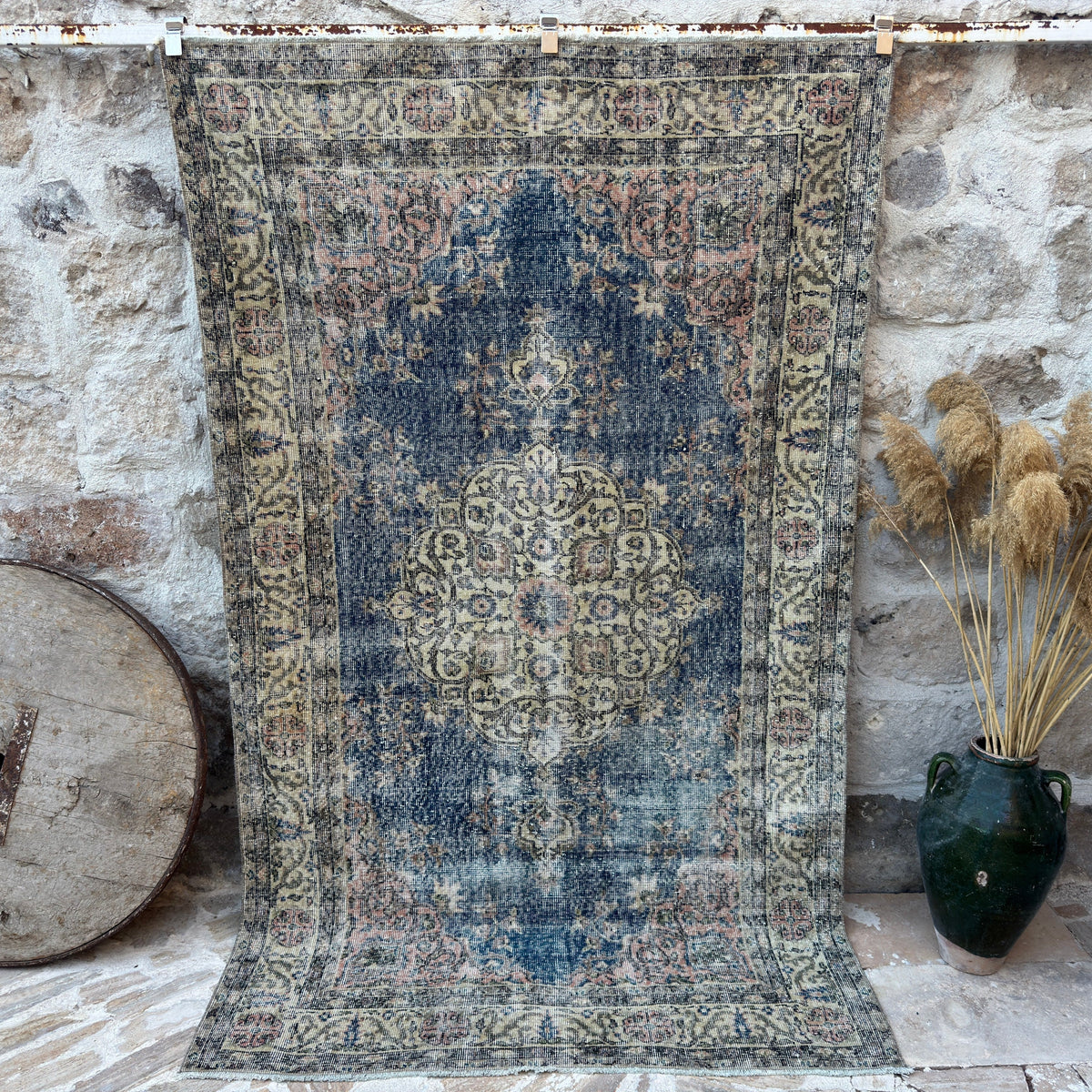 Blue 5' x 8' vintage kayseri rug with traditional design, handmade in Turkey – Faye.