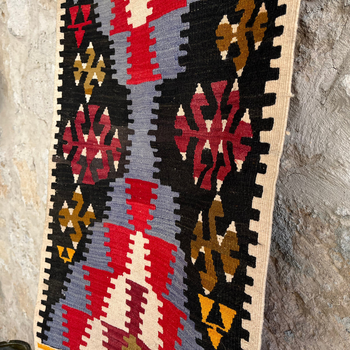 1970s blue vintage Turkish kilim rug with traditional design, flatweave construction and low pile.