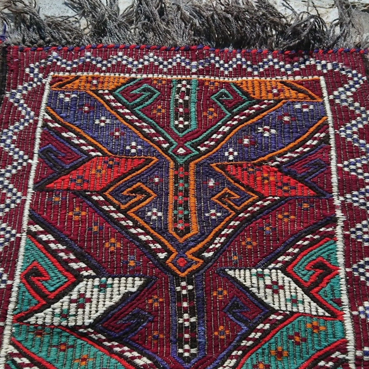 1970s red vintage Turkish kilim rug with traditional design, flatweave construction and low pile.