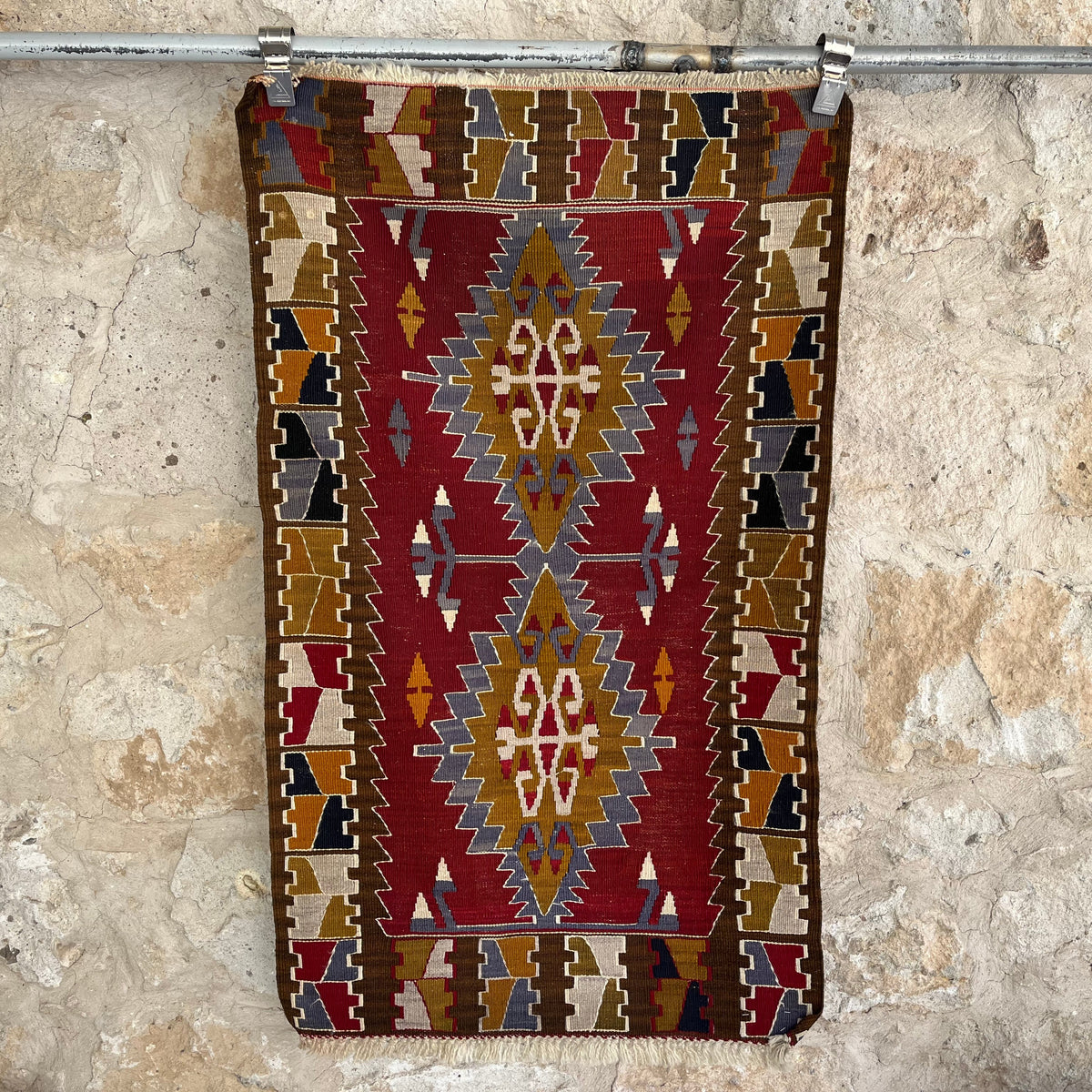 Red 2' x 4' vintage kilim rug with traditional design, handmade in Turkey – Cru.