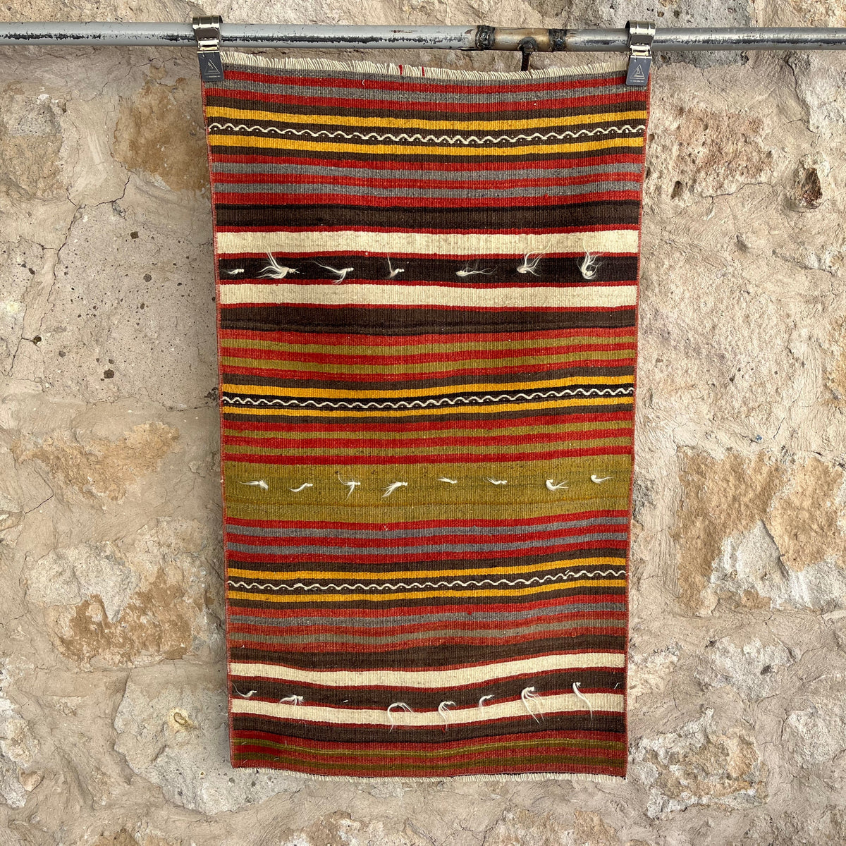 Red 2' x 4' vintage kilim rug with striped design, handmade in Turkey – Raven.