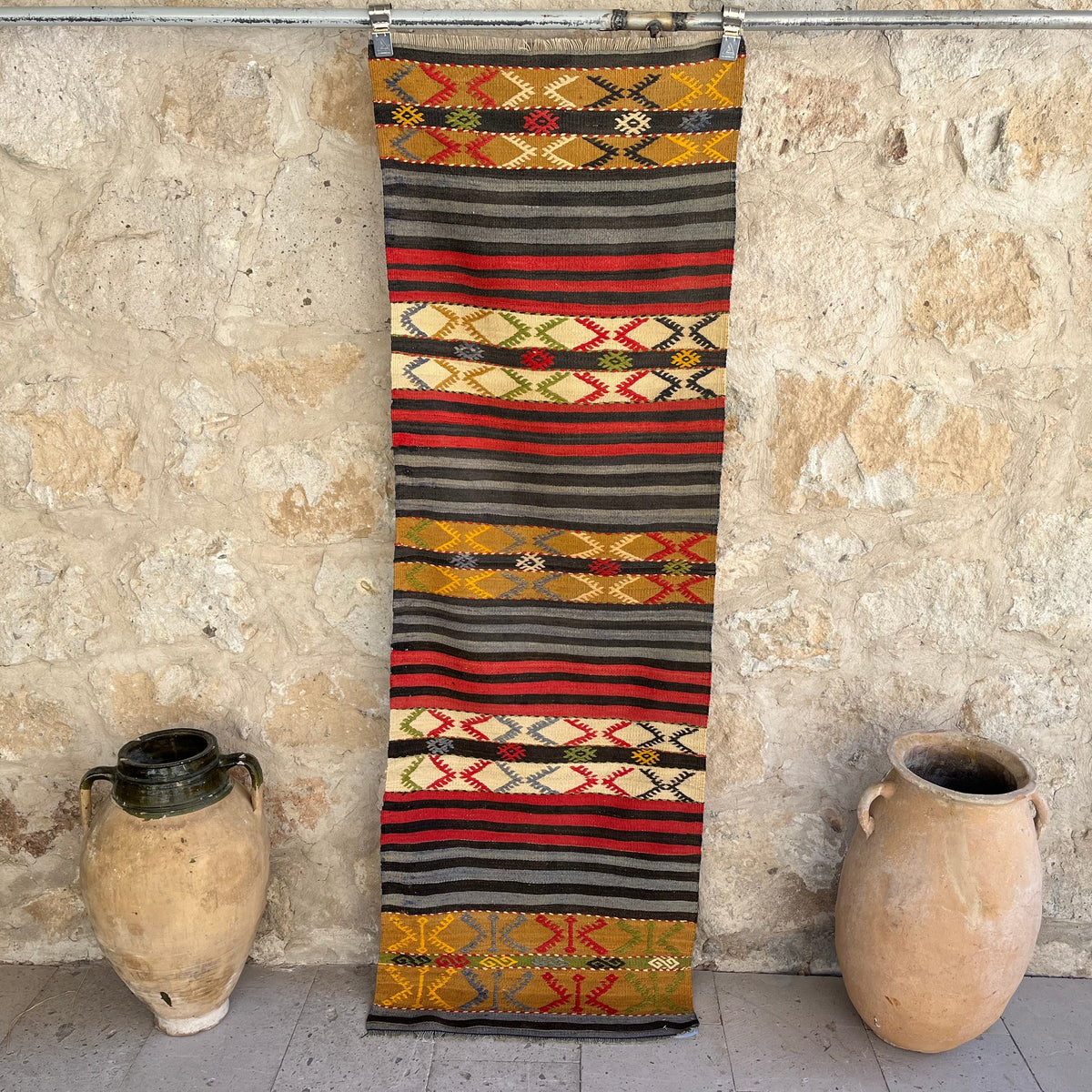 Blue 2' x7' vintage kilim rug with striped design, handmade in Turkey – Brylee.