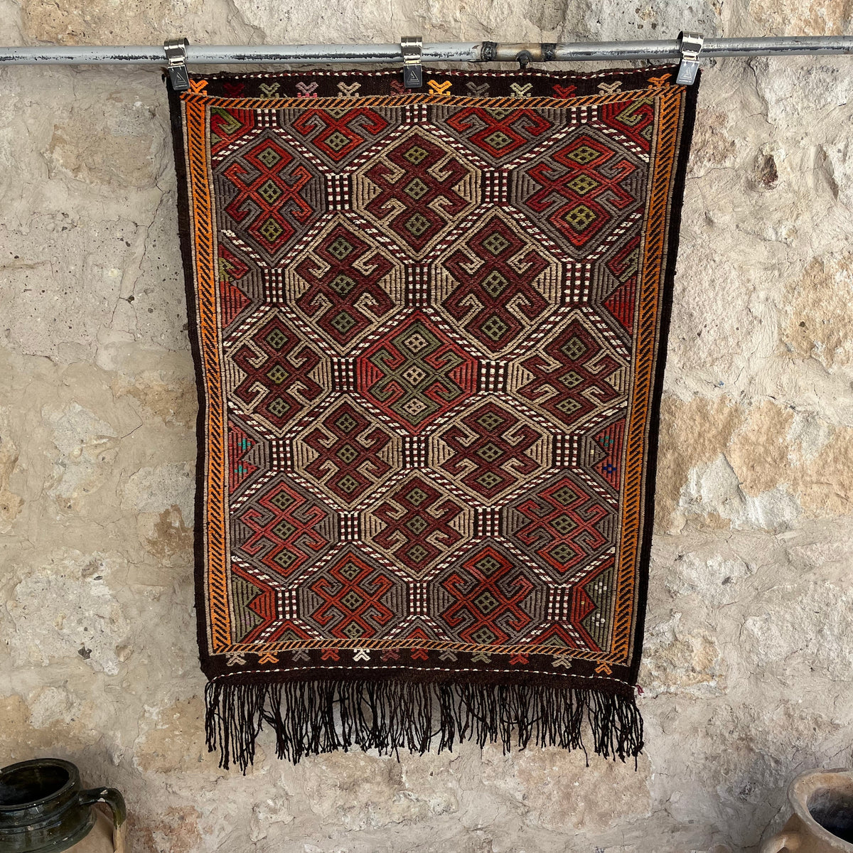Brown 3' x 4' vintage kilim rug with traditional design, handmade in Turkey – Cian.