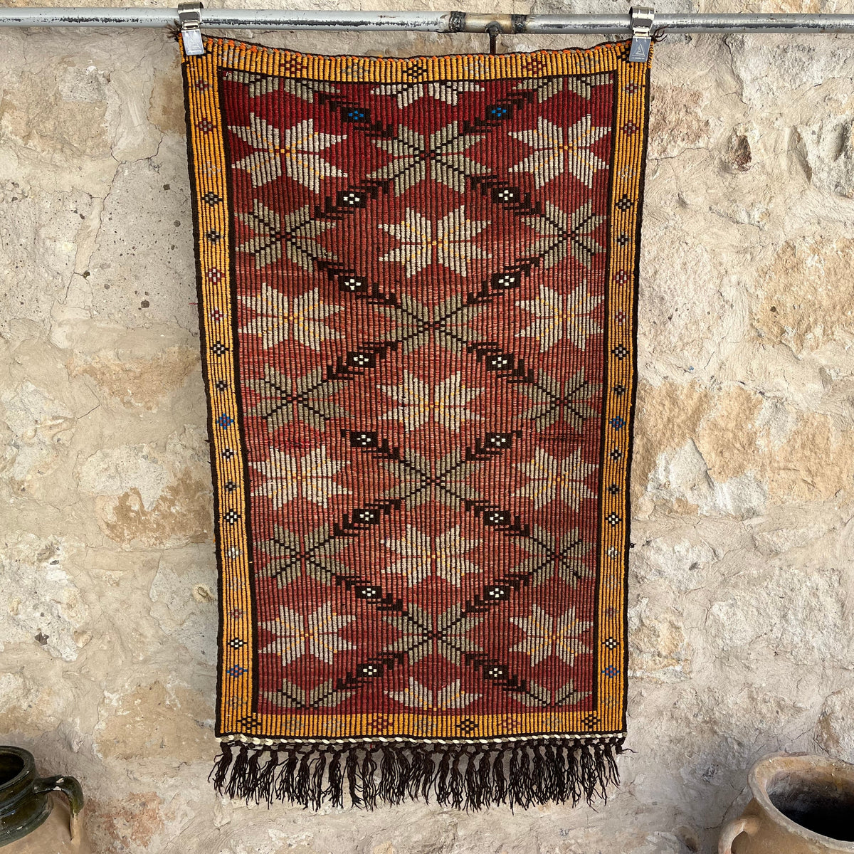 Red 3' x 4' vintage kilim rug with traditional design, handmade in Turkey – Zechariah.
