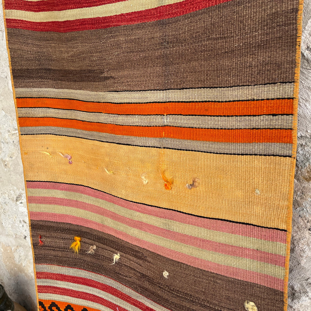Yellow 3' x 5' vintage Turkish kilim rug in wool and cotton, shown on the floor.