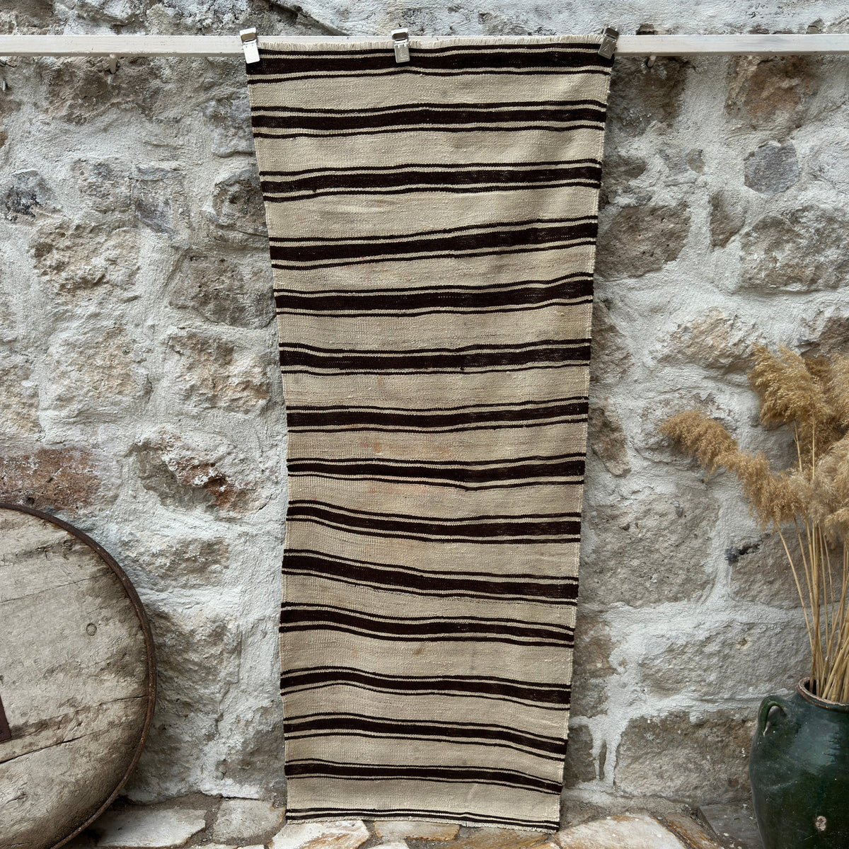 Black 3' x 7' vintage kilim rug with striped design, handmade in Turkey – Kyle.