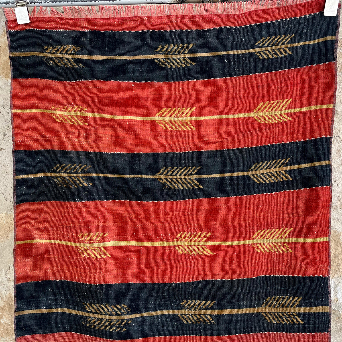 Blue 3' x 7' vintage Turkish kilim rug in wool and cotton, shown on the floor.