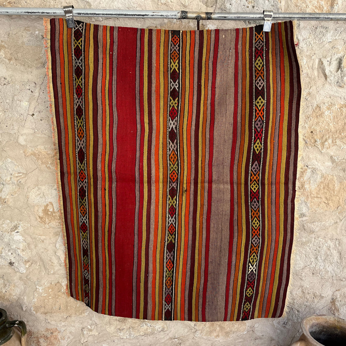Red 4' x 4' vintage kilim rug with striped design, handmade in Turkey – Colter.