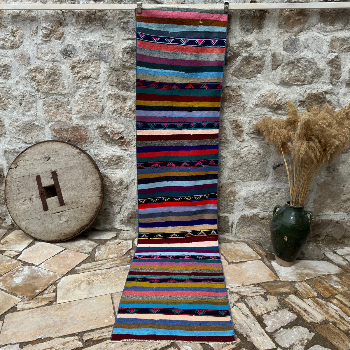 Pink 2' x 10' vintage kilim runner rug with striped design, handmade in Turkey – Maxwell.