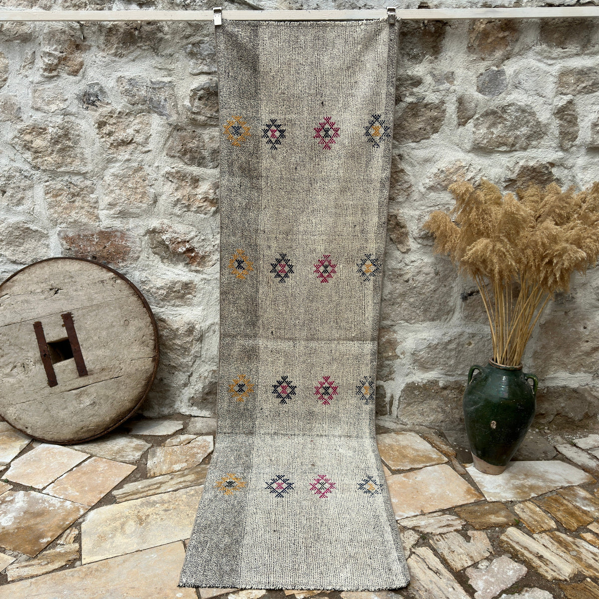 Gray 3' x 10' vintage kilim runner rug with traditional design, handmade in Turkey – Uriah.