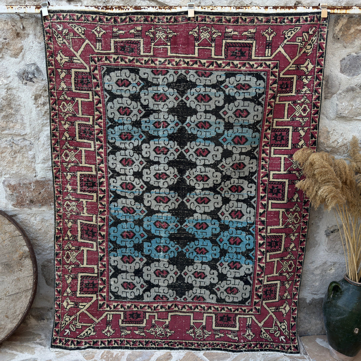 Blue 5' x 7' vintage konya rug with geometric design, handmade in Turkey – Sophi.