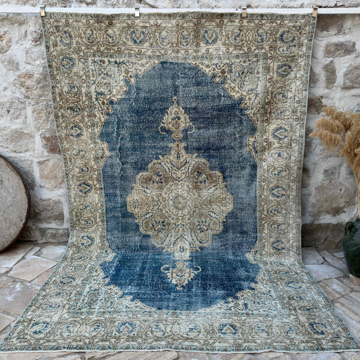 Blue 7' x 10' vintage large rug with medallion design, handmade in Turkey – Kole.