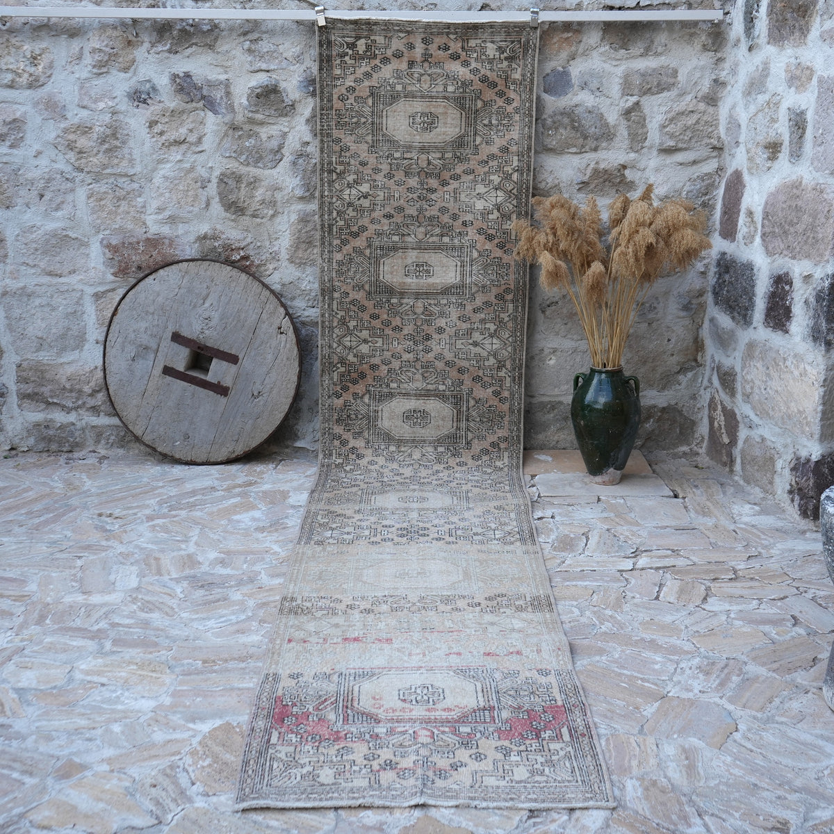 Beige 3' x 15' vintage long runner rug with traditional design, handmade in Turkey – Kevyn.