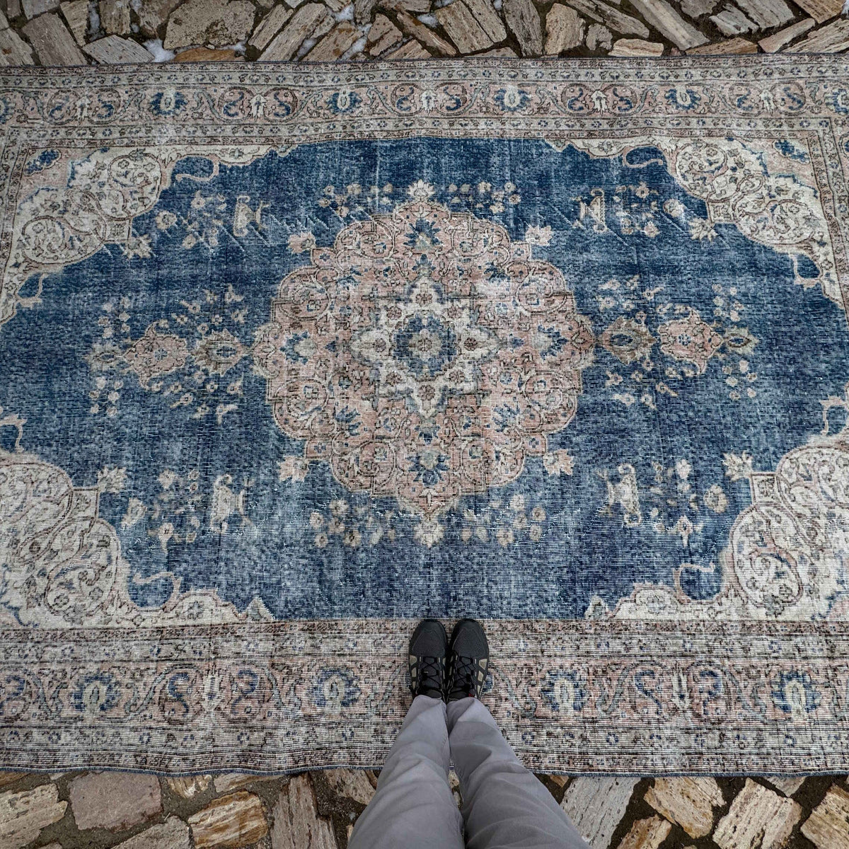 1970s blue vintage Turkish medallion carpet with medallion design, hand-knotted weave and low pile.
